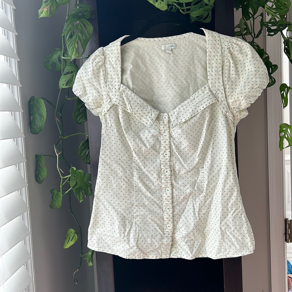 Anthropologie cottagecore polka dot button down top